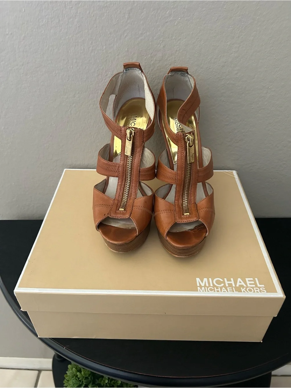MICHAEL Michael Kors Brown Leather Zip-Front Platform Heels